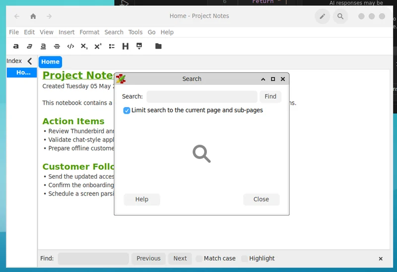 A search dialog partly covering a notebook page